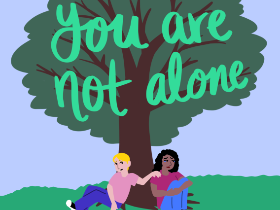 Illustration of tree with two people sitting under it and the text You Are Not Alone