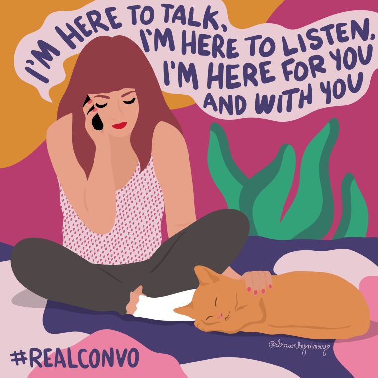 illustration of a person on a phone petting a cat with the text I'm here for you and with you